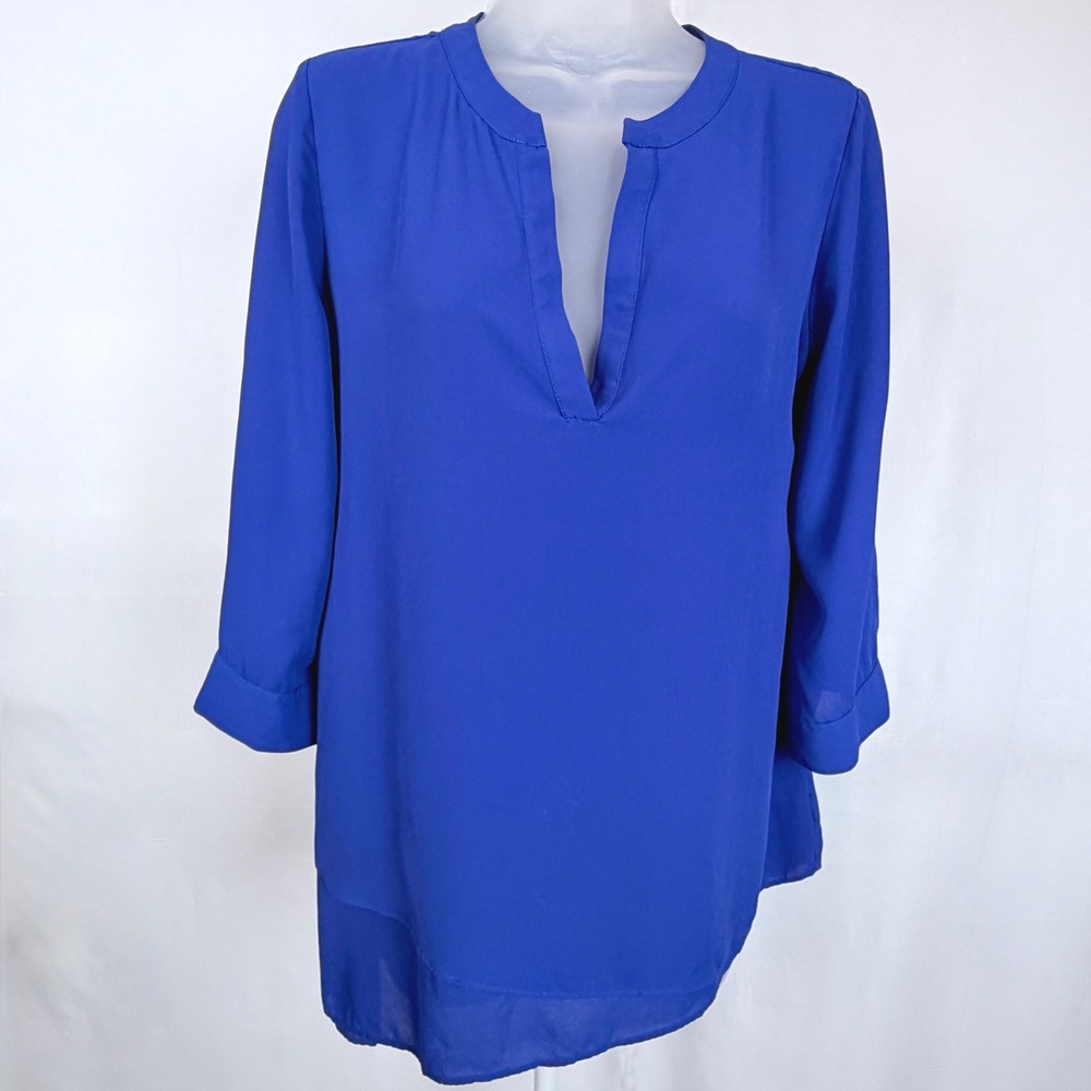 The Limited Cobalt Blue Asymmetrical Tunic Blouse Small Roll Tab Sleeve Top